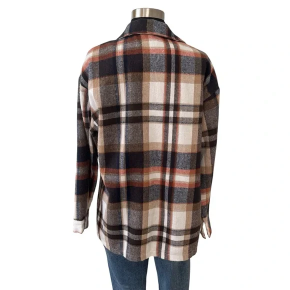 Plaid button up knit over shirt light shacket black orange M - Picture 4 of 11